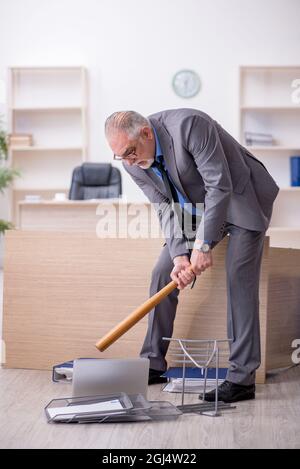 Old businessman employee holding baseball bat in the office Stock Photo