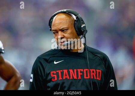 Stanford Cardinal head coach David Shaw looks from the sidelines during the Allstate Kickoff Classic between the Kansas State Wildcats and the Stanfor Stock Photo