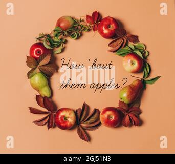 Autumn seasonal fruits apples pears grapes leaves lined round frame pastel background, phrase How 'bout them apples Stock Photo