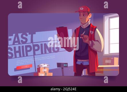 Fast shipping poster with man in warehouse with package boxes and scales. Vector banner of delivery service with cartoon illustration of worker in uniform with clipboard in distribution office or post Stock Vector