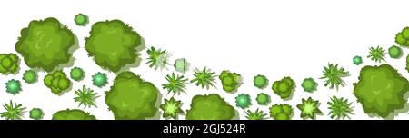 Jungle forest top view. Horizontal seamless composition. Overgrown rainforest. Wave bottom border. Isolated on a white background. Cartoon style flat Stock Vector