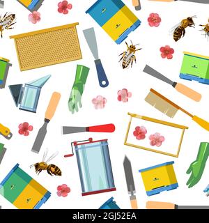 Beekeeping equipment. Beehives in the apiary. Seamless pattern. Honey extractor, smoker, chisels, knives and brushes. Bee honeycomb frame. Gloves, bee Stock Vector