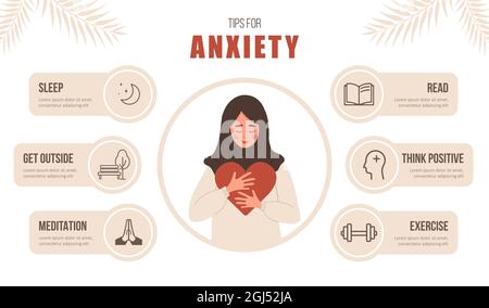 Tips For Anxiety Happy Arab Woman Hugging Herself Mental Health Concept Infographic Of Tips For Anxiety Happy Arab Woman Hugging Herself Mental Health Concept Infographic Of