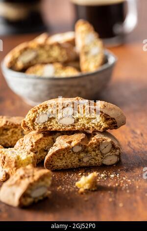 Italian cantuccini cookies. Sweet dried biscuits with almonds on wooden table. Stock Photo