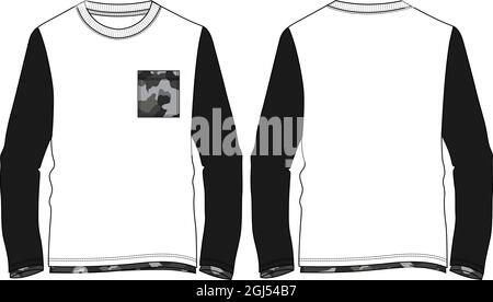 Two tone White, black Long sleeve round neck With pocket and long bottom t shirt technical fashion flat sketch vector illustration template Stock Vector