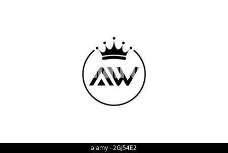 Simple and creative golden crown logo art and symbol design by AW letters and alphabets with circle and golden crown Stock Photo