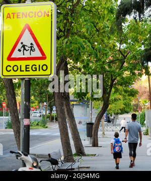 Madrid, Spain. 8th Sep, 2021. A kid goes to school with his parent's company for the new school year in Madrid, Spain, Sept. 8, 2021. Credit: Gustavo Valiente/Xinhua/Alamy Live News Stock Photo