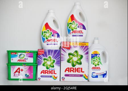 Kyiv, Ukraine - September,9 2021: Ariel washing powders and detergents. Stock Photo