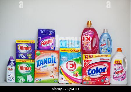 Kyiv, Ukraine - September,9 2021: Different washing powders and detergents. Stock Photo