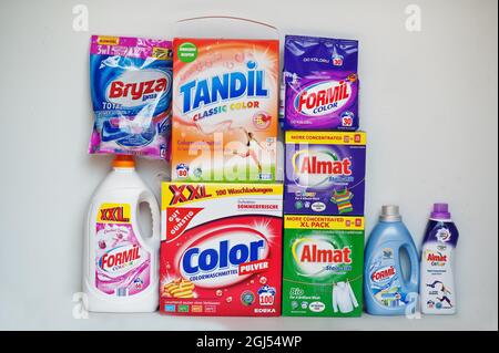 Kyiv, Ukraine - September,9 2021: Different washing powders and detergents. Stock Photo