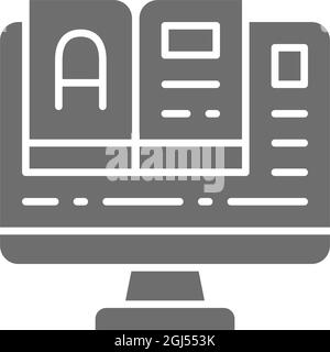 Online education, monitor with book grey icon. Stock Vector