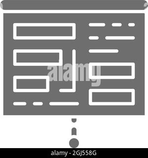 Projector screen with presentation, tables, charts grey icon. Stock Vector