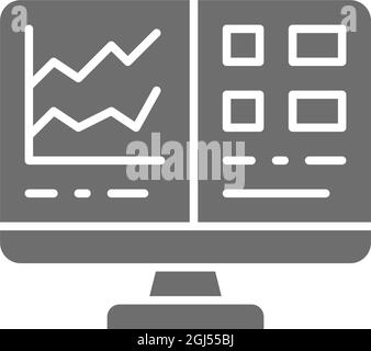 Computer screen with spreadsheet, financial accounting report grey icon. Stock Vector