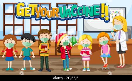 Get Your Vaccine font banner with many kids waiting in queue to get vaccine illustration Stock Vector