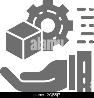 Hand with gear wheel and cube, engineering tools concept grey icon. Stock Vector