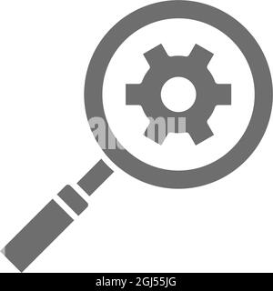 Magnifying glass with gear wheel, factory performance analysis grey icon. Stock Vector