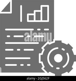 Engineering documents with diagram and gear wheel, project plan grey icon. Stock Vector