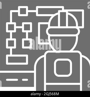 Engineer at workplace, electric management board grey icon. Stock Vector