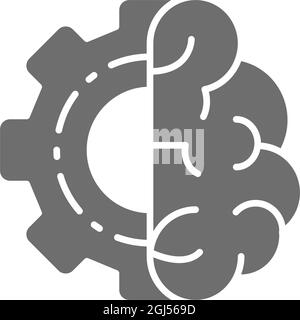 Brain with gear wheel, engineer mind, intellect grey icon. Stock Vector
