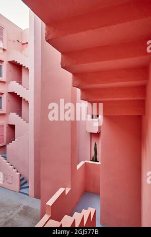 Geometric building structure in pink tone. Calpe, Spain Stock Photo