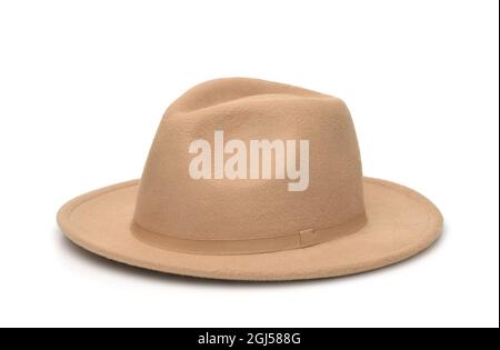 Beige wide brimmed felt hat isolated on white Stock Photo