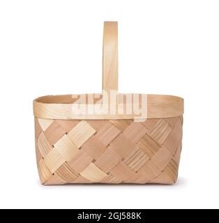 Side view of empty woven birch basket isolated on white Stock Photo