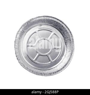 Top view of empty disposable round aluminium baking food foil container isolated on white Stock Photo
