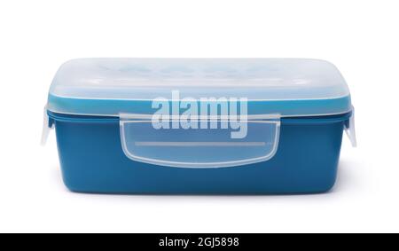 Front view of blue rectangular food storage container with clip lock isolated on white Stock Photo