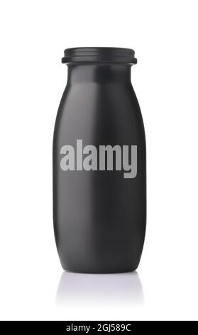Front view of open small black plastic bottle isolated on white Stock Photo