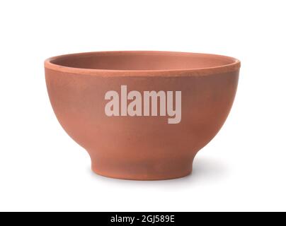 Front view of empty unpainted clay bowl isolated on white Stock Photo
