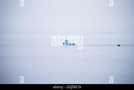 A fishing boat returning to Kircubbin harbour as low lying fog lies over Strangford Lough in Co. Down, Northern Ireland. Stock Photo