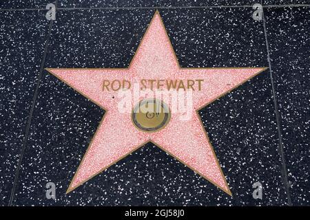 Detailed view of the star of recording artist Rod Stewart on the Hollywood Walk of Fame on Hollywood Blvd., Wednesday, Sept. 8, 2021, in Los Angeles. Stock Photo