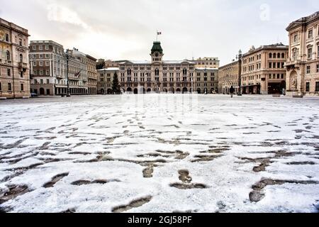 View of Piazza Unità d'Italia covered by snow, Trieste Stock Photo