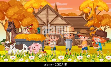 Farm scene with many kids and animals on the farm illustration Stock ...