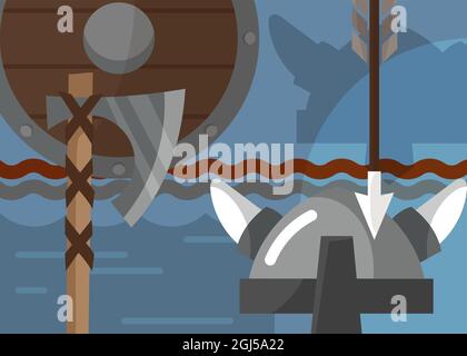 Viking banner with armor and weapons. Scandinavian placard design in cartoon style. Stock Vector