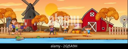 Farm horizontal landscape scene with children cartoon character ...