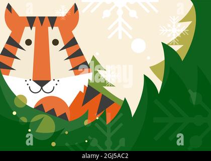 Banner with tiger, spruce and snowflakes. Holiday postcard design in flat style. Stock Vector