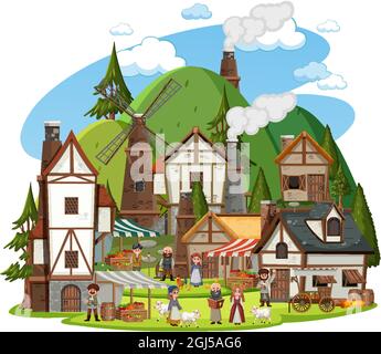 Medieval village with villagers on white background illustration Stock Vector