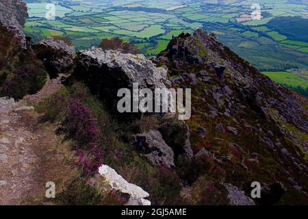 Mountain ridge with pinnacles and valley with checkerboard of fields.County Waterford, Ireland. Stock Photo