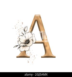 Graphic floral alphabet, gold letter A with vintage flowers bouquet composition, unique monogram initial perfect for wedding invitations, greetings Stock Photo