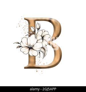 Graphic floral alphabet, gold letter B with vintage flowers bouquet composition, unique monogram initial perfect for wedding invitations, greetings Stock Photo
