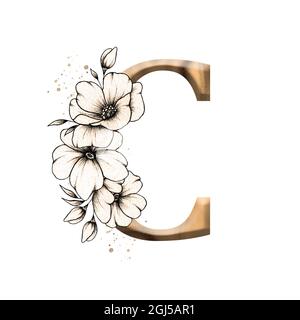 Graphic floral alphabet, gold letter C with vintage flowers bouquet composition, unique monogram initial perfect for wedding invitations, greetings Stock Photo