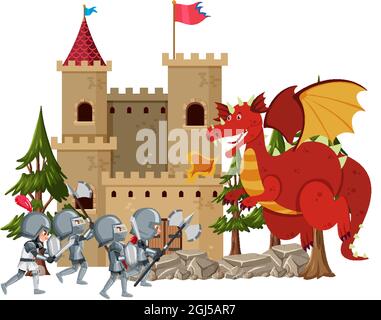 Knights fight with dragon at the castle illustration Stock Vector Image ...