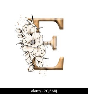 Graphic floral alphabet, gold letter E with vintage flowers bouquet composition, unique monogram initial perfect for wedding invitations, greetings Stock Photo