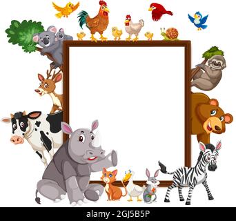 Empty wooden frame with various wild animals in the forest illustration ...