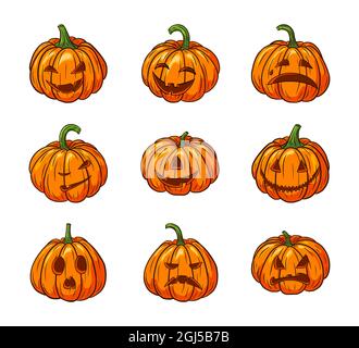 Halloween Scary Pumpkins with Faces Set. Collection of pumpkin jack lantern illustrations for autumn holiday greeting cards, invitations, package design, decoration. Premium Vector Stock Vector