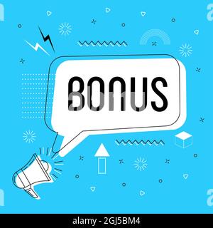 Bonus in bubble vector on bright background. Comic speech bubble. Cartoon comic explosion. Colorful speech balloon with megaphone. Massages and talk s Stock Vector