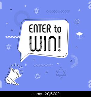 Enter to win in bubble vector on bright background. Comic speech bubble. Cartoon comic explosion. Colorful speech balloon with megaphone. Massages and Stock Vector