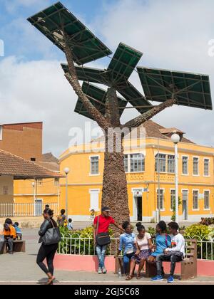 Solar panels in the pedestrian area. Town of Assomada (Somada). Santiago Island, Cape Verde in the Atlantic Equatorial. (Editorial Use Only) Stock Photo