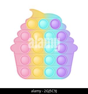 Pop it a fashionable silicon toy cake for fidgets. Addictive anti-stress cupcake toy in pastel colors. Bubble sensory developing popit muffin for kids Stock Vector